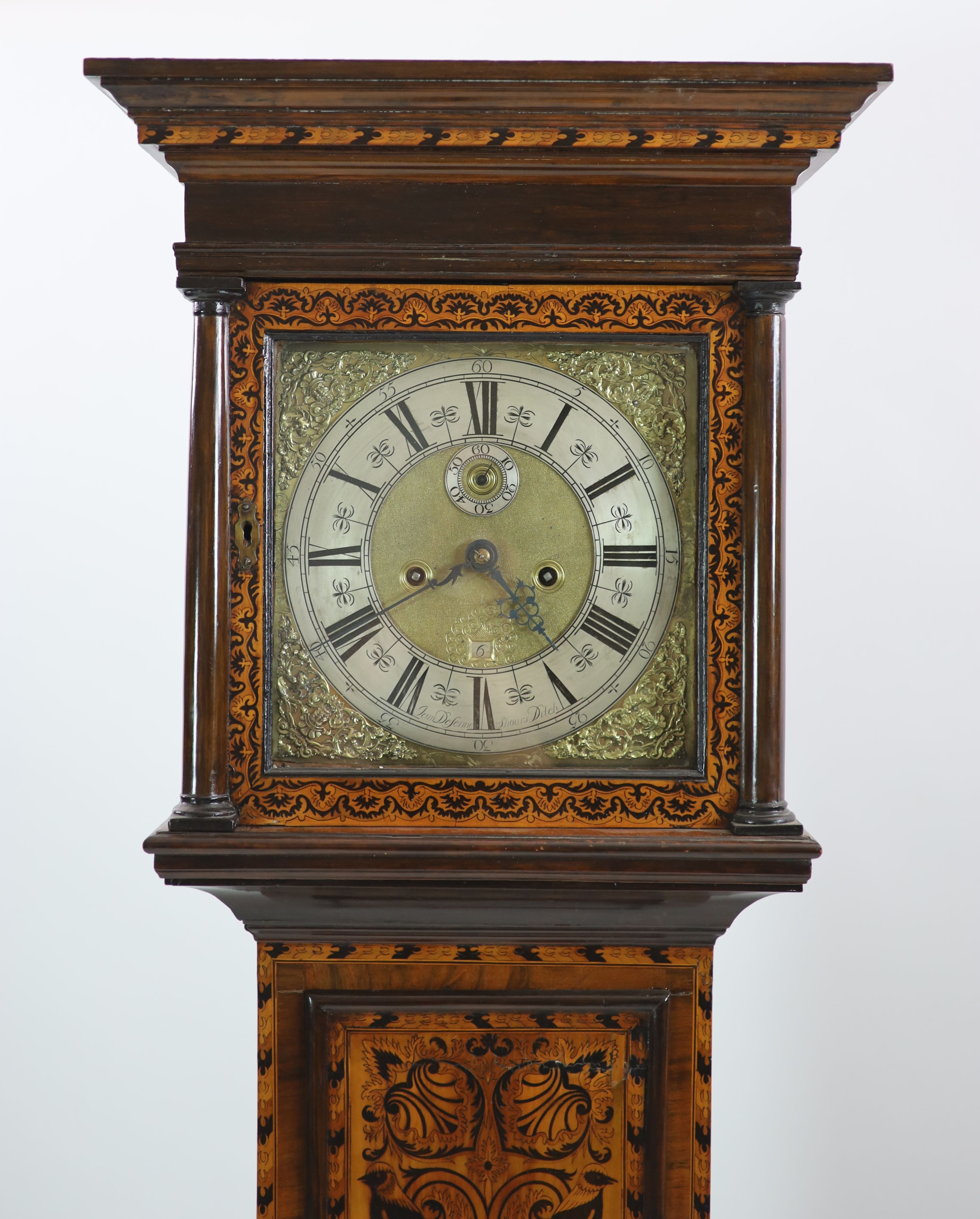 James Desenne of Shoreditch. A late 17th century marquetry inlaid walnut eight day longcase clock H 217cm. W 49cm.